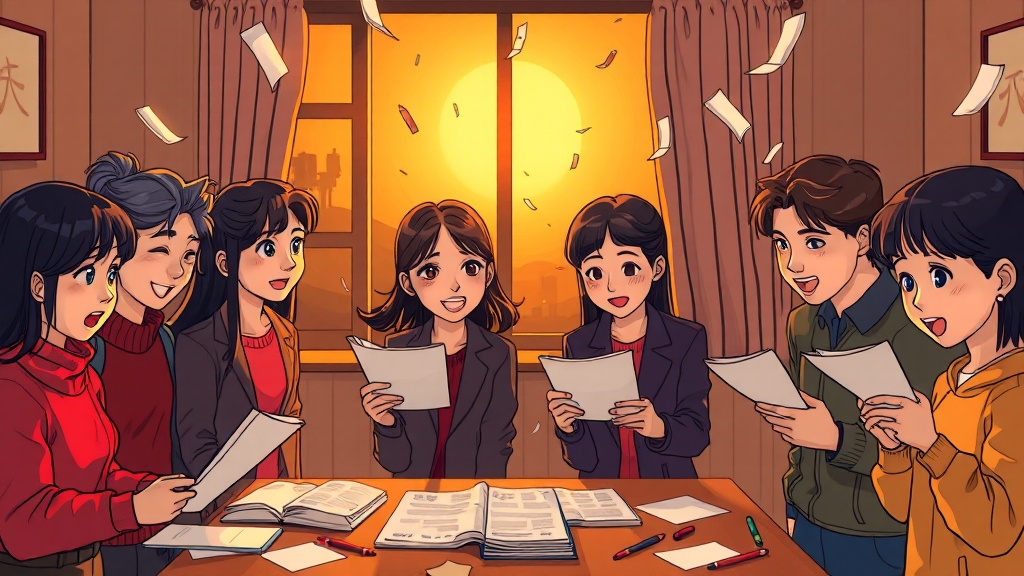 배우들의 열연과 대본리딩 현장 (cartoon 스타일)